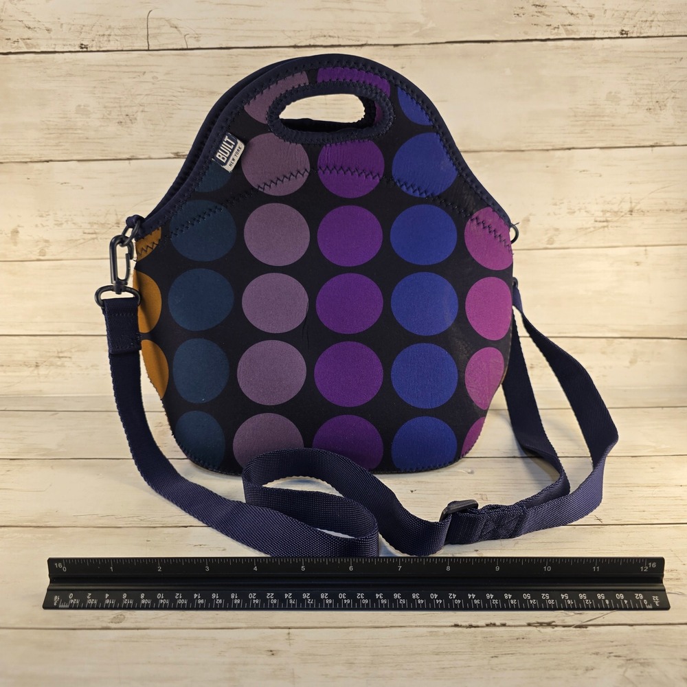 Built NY Gourmet To Go Lunch Tote Neoprene Insulated Bag Purple Polka Dot Strap